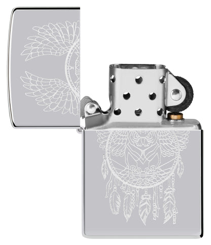 Zippo Dreamcatcher Design High Polish Chrome Windproof Lighter with its lid open and untlit.