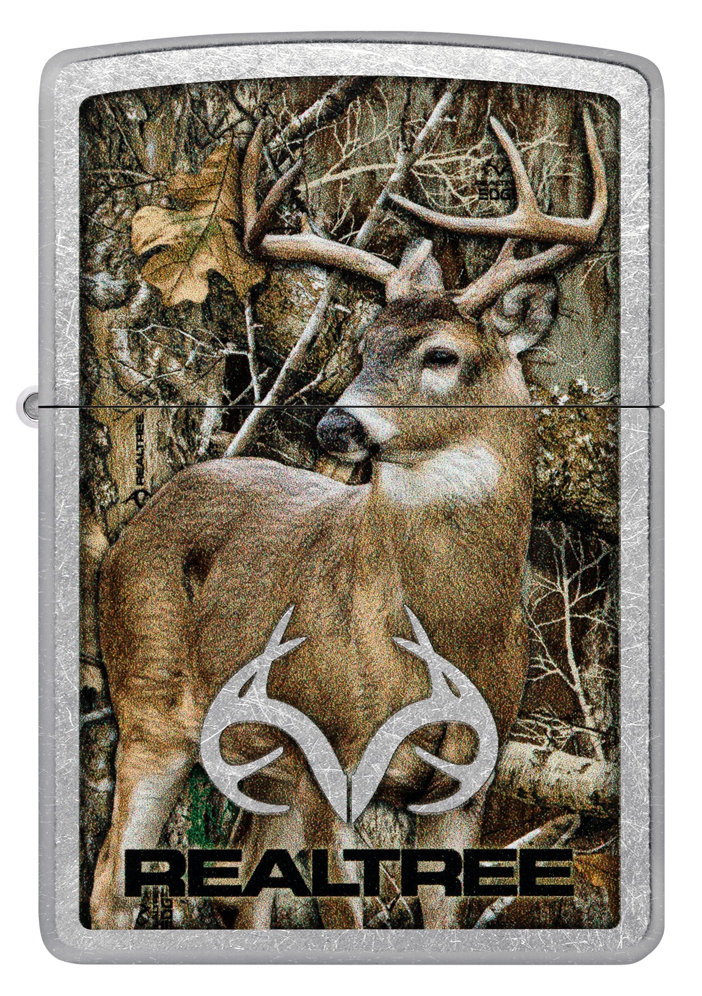Front view of Zippo RealtreeÂ® Buck Design Street Chrome Windproof Lighter.