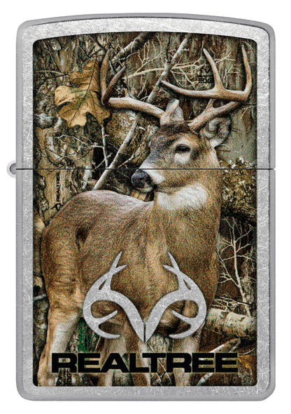 Front view of Zippo RealtreeÂ® Buck Design Street Chrome Windproof Lighter.