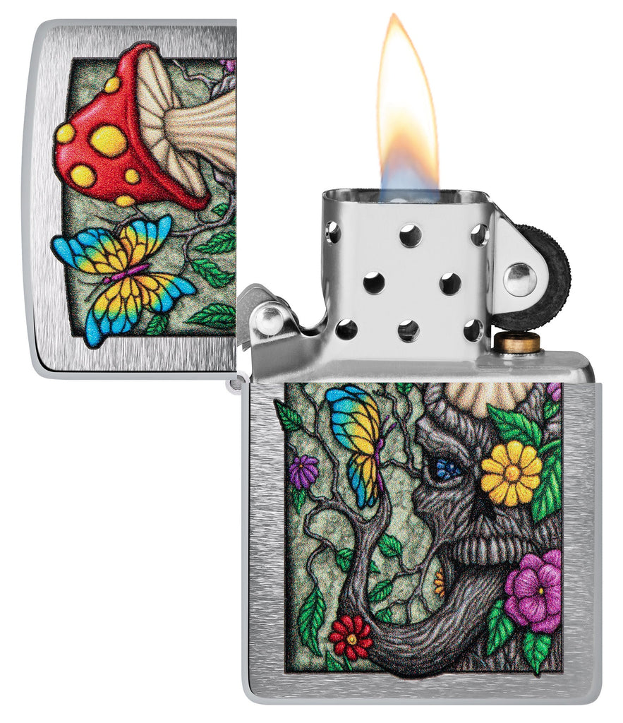 Zippo Freaky Nature Design Brushed Chrome Windproof Lighter with its lid open and lit.