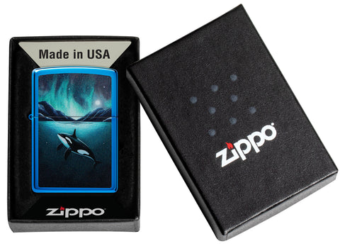 Zippo Whale Design High Polish Blue Windproof Lighter in its packaging.