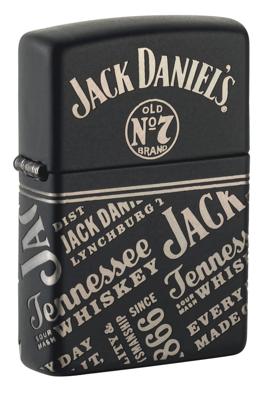 Front shot of Zippo Jack Daniel'sÂ® Every Drop Design Regular Media Chrome Black Matte Windproof Lighter standing at a 3/4 angle.