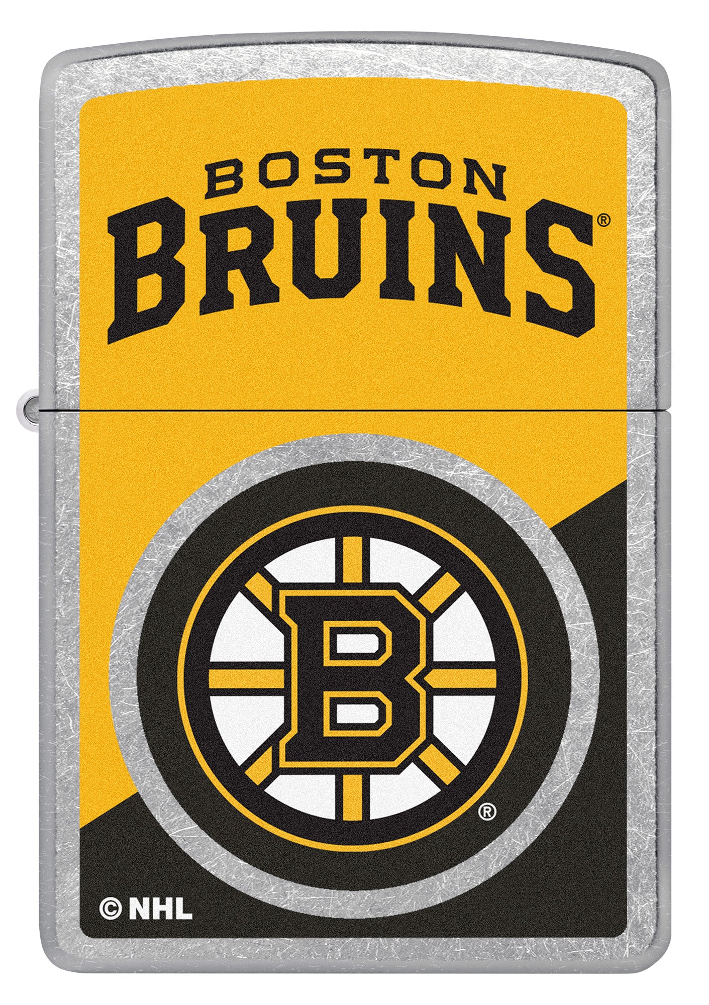 Zippo NHL® Boston Bruins® 2024 Street Chrome™ Windproof Lighter with its lid open and lit.