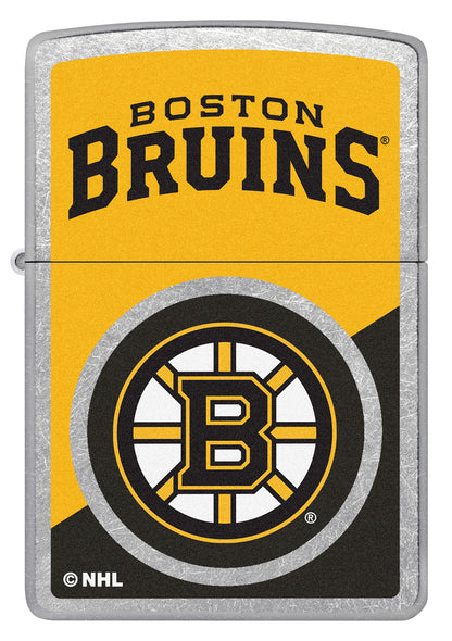 Zippo NHL® Boston Bruins® 2024 Street Chrome™ Windproof Lighter with its lid open and lit.