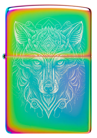 Front view of Zippo Mystic Wolf Design Multi Color Windproof Lighter.