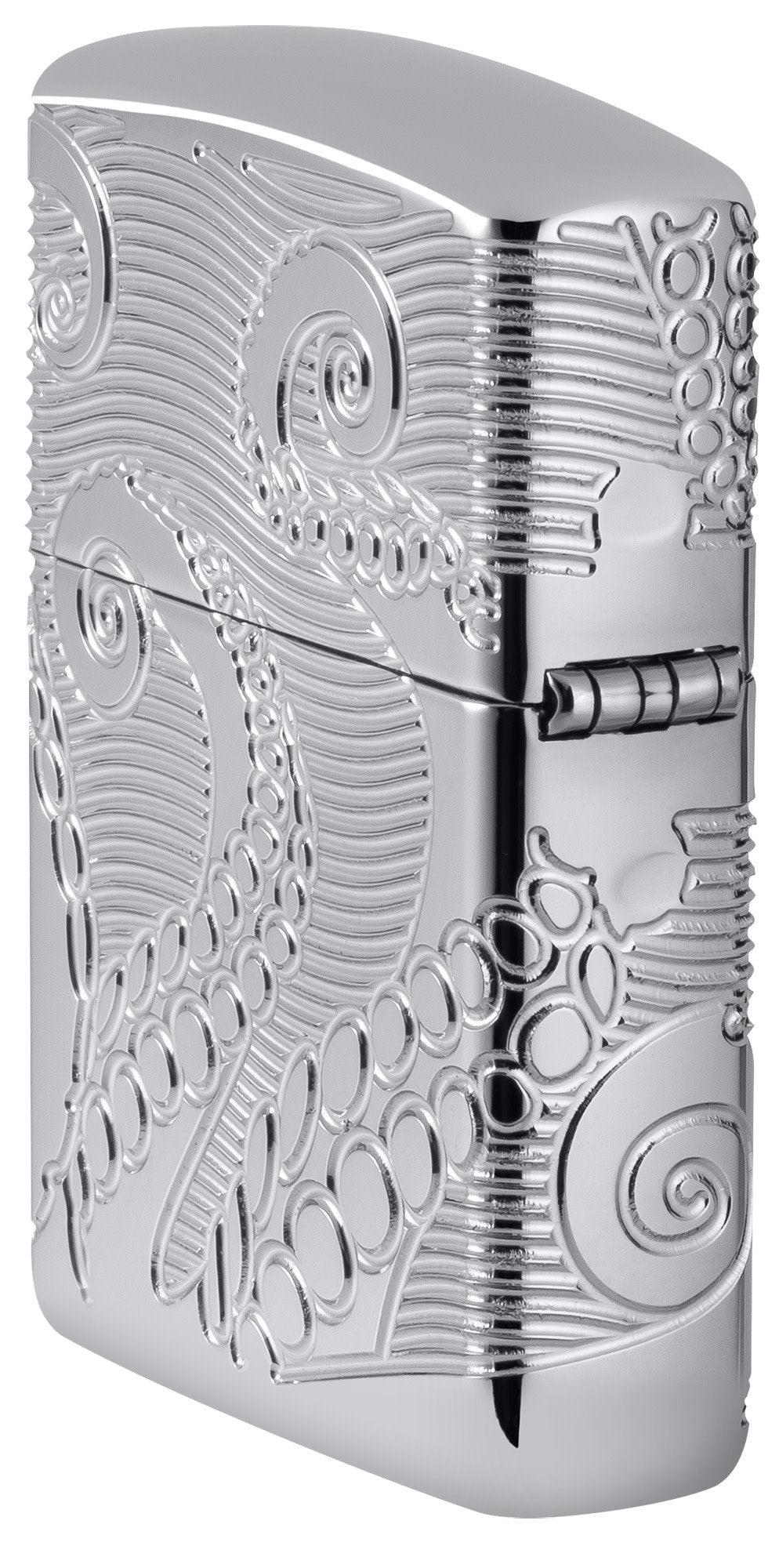 Angled shot of Zippo Tentacles Design ArmorÂ® High Polish Chrome Windproof Lighter showing the back and hinge side of the lighter.