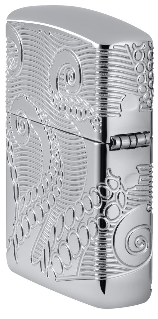 Angled shot of Zippo Tentacles Design Armor® High Polish Chrome Windproof Lighter showing the back and hinge side of the lighter.