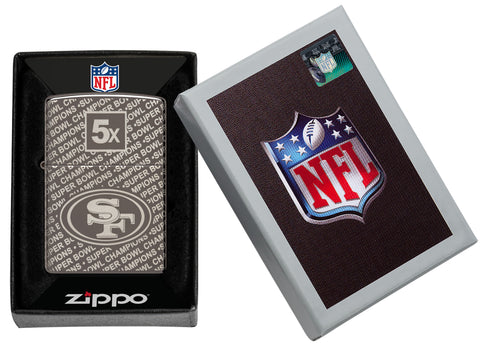 Zippo NFL San Francisco 49ers Super Bowl Commemorative Armor Black Ice Windproof Lighter in its packaging.