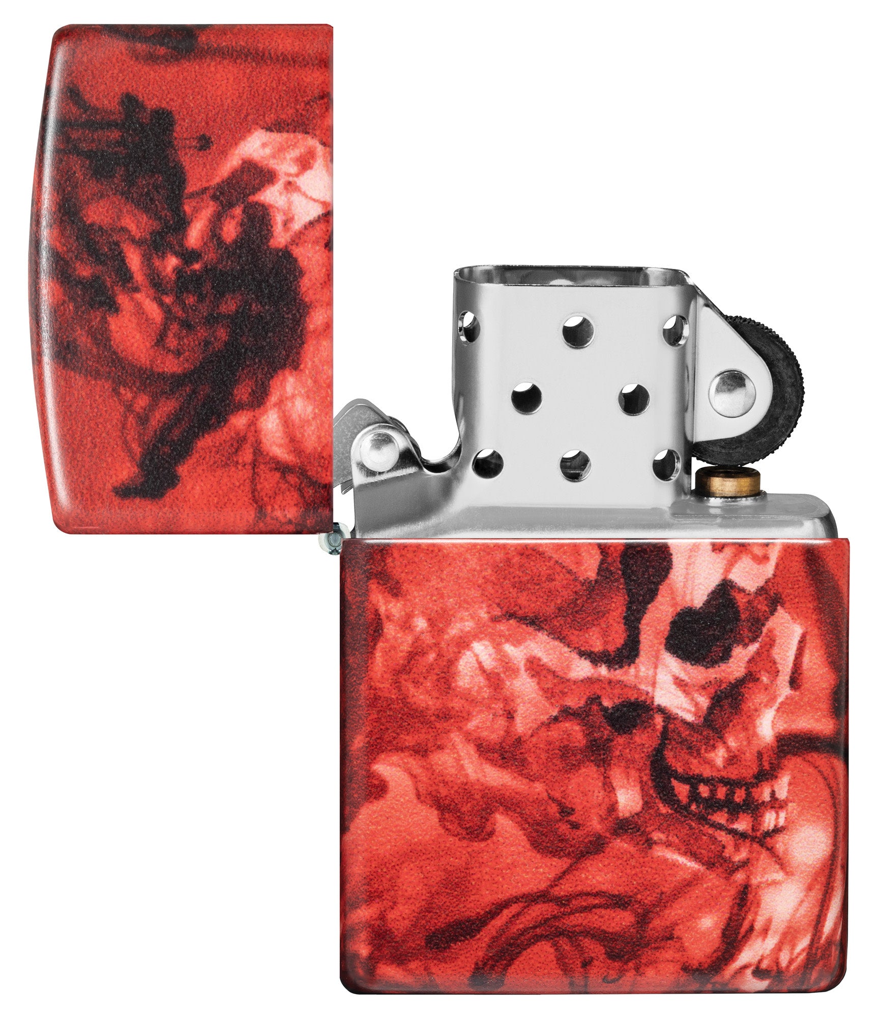 Zippo Spooky Skulls 540 Matte Windproof Lighter with its lid open and unlit.