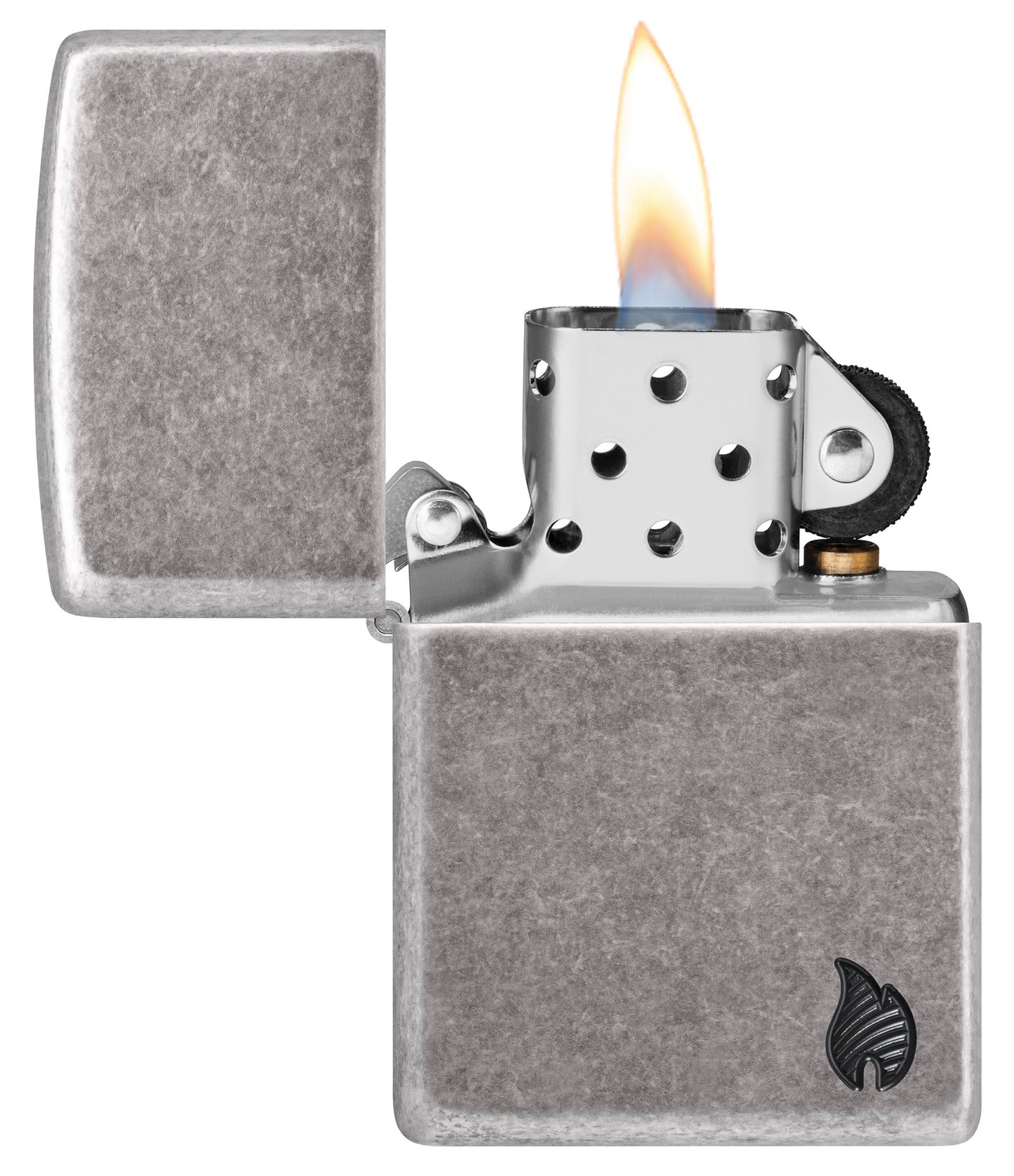 Zippo ArmorÂ® Series Flame Antique Silver Windproof Lighter with its lid open and lit.