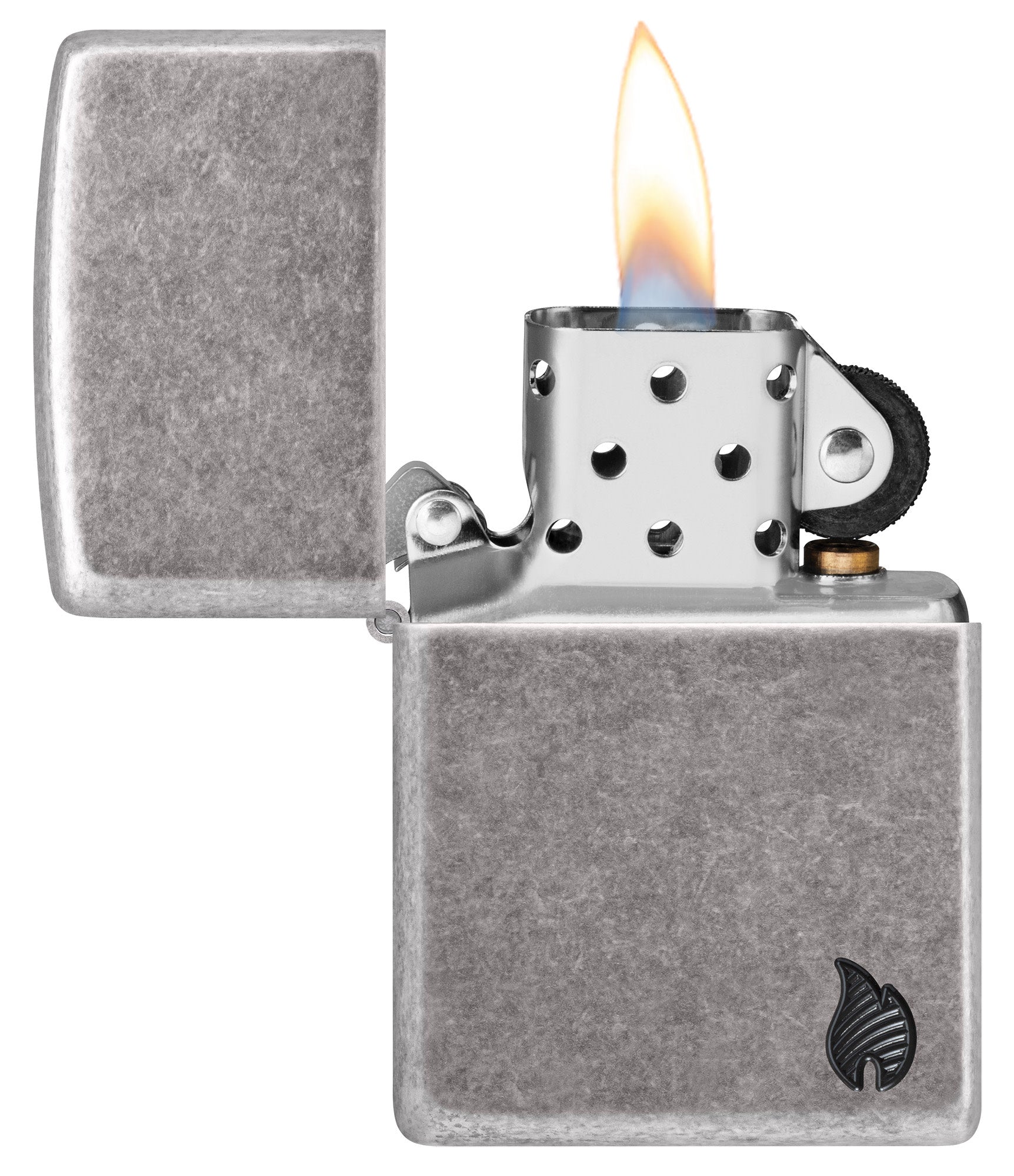 Zippo ArmorÂ® Series Flame Antique Silver Windproof Lighter with its lid open and lit.