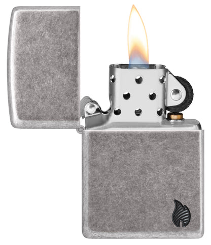 Zippo ArmorÂ® Series Flame Antique Silver Windproof Lighter with its lid open and lit.
