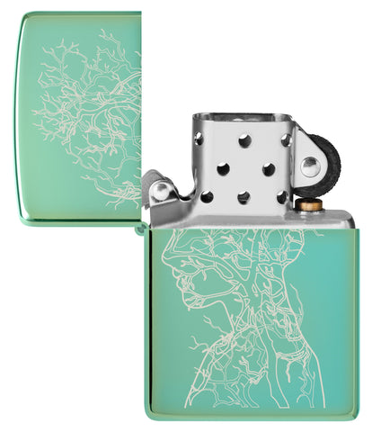 Zippo Human Tree Design High Polish Green Windproof Lighter with its lid open and unlit.