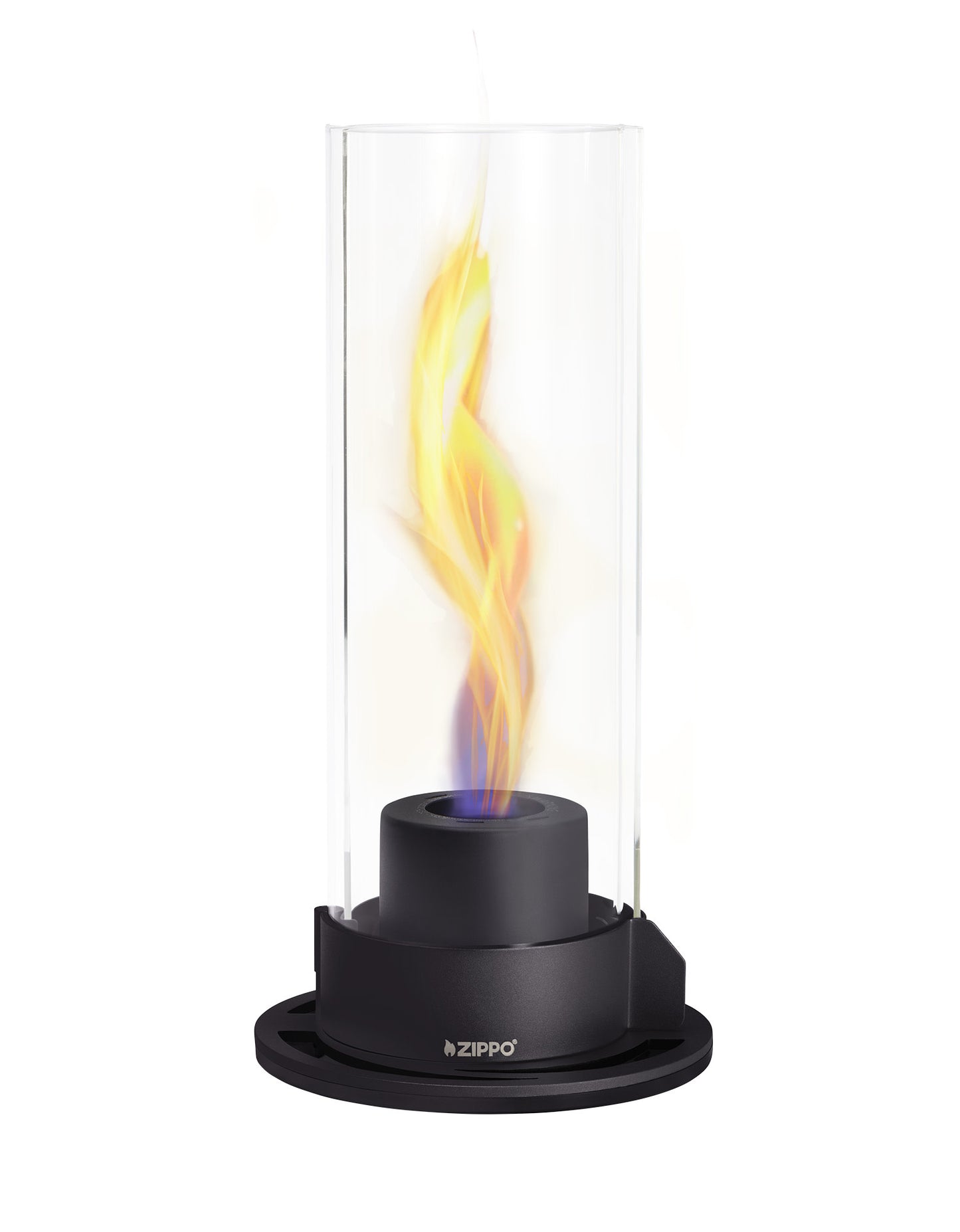 Front view of Zippo FlameScapesâ„¢ Spiral Fire Feature XL in black lit.