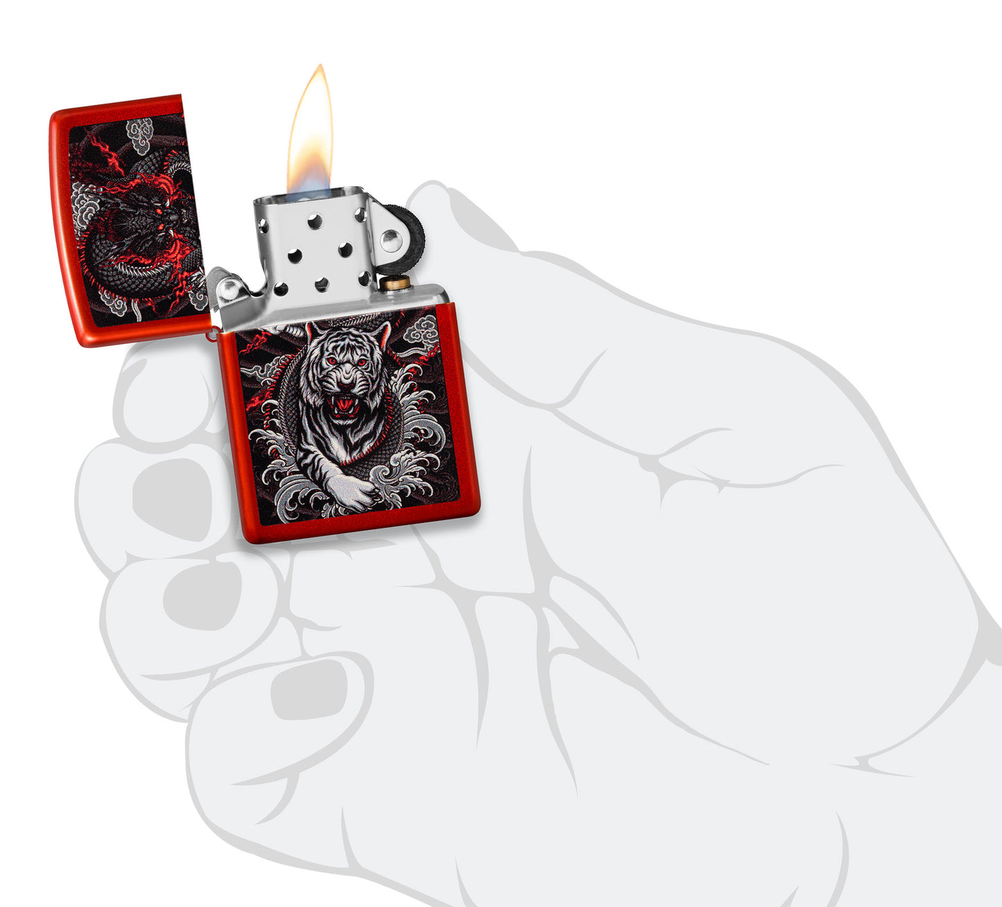 Zippo Dragon Tiger Design Metallic Red Windproof Lighter lit in hand.