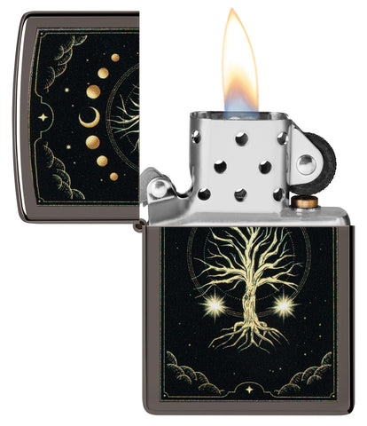 Zippo Mystic Nature Design Black Ice Windproof Lighter with its lid open and lit.