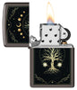 Zippo Mystic Nature Design Black Ice Windproof Lighter with its lid open and lit.