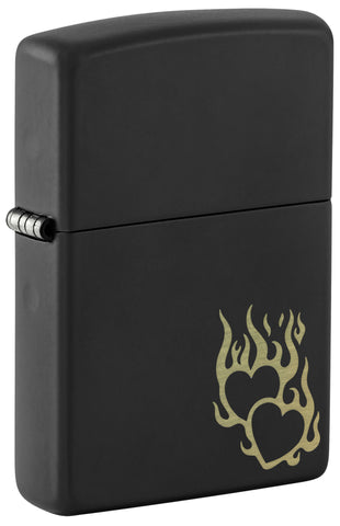 Front view of Zippo Fire Heart Design Black Matte Windproof Lighter standing at a 3/4 angle.
