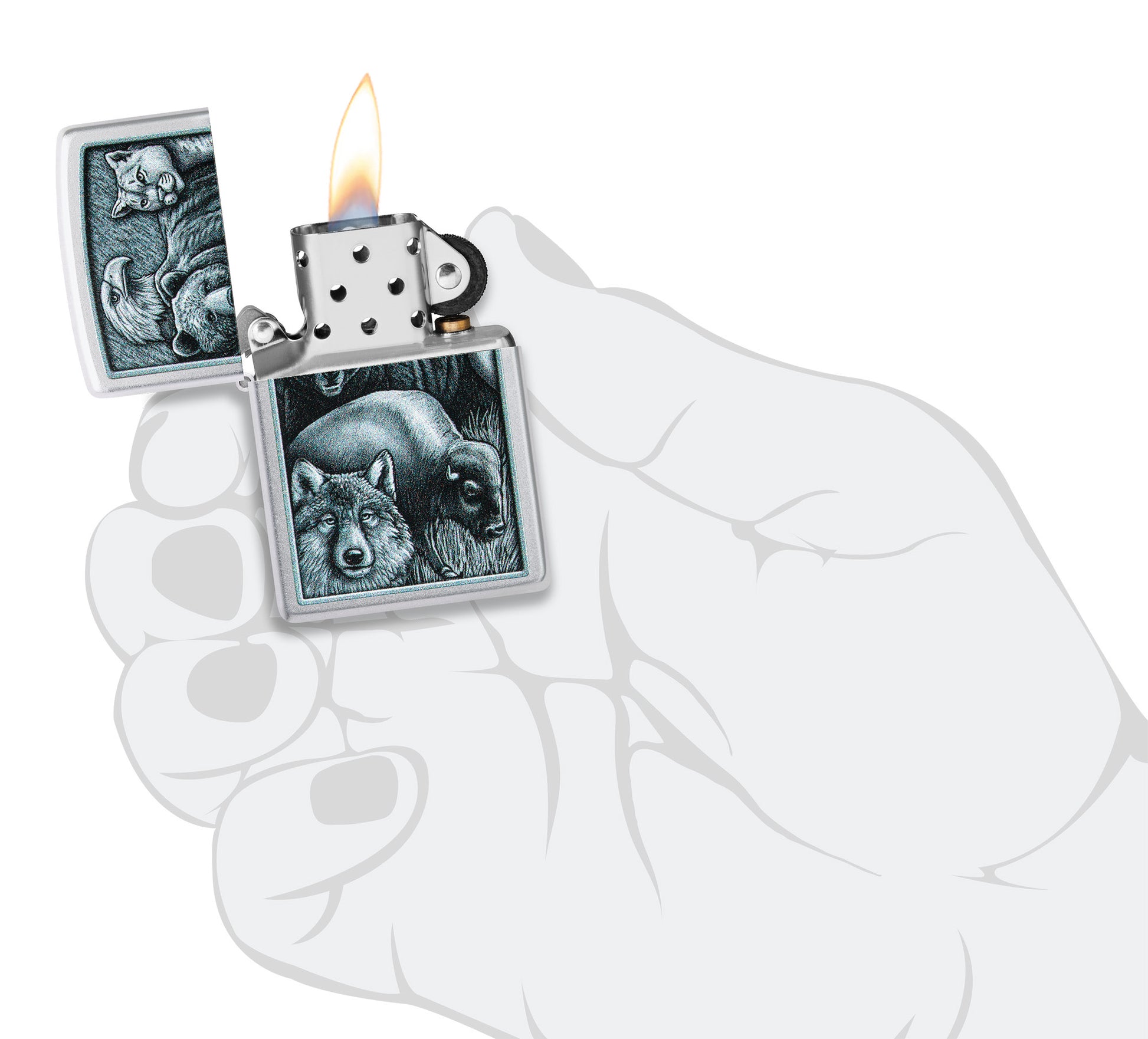 Zippo Animal Kingdom Design Satin Chrome Windproof Lighter lit in hand.
