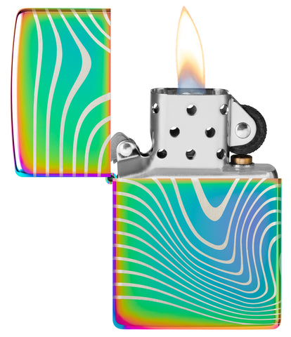 Zippo Wavy Pattern Design Multi Color Windproof Lighter with its lid open and lit.