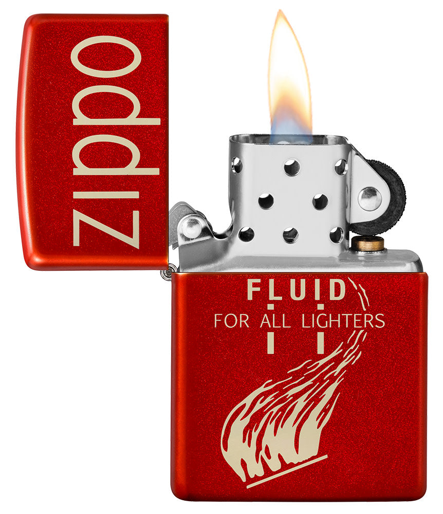 Zippo Retro Design Metallic Red Windproof Lighter with its lid open and lit
