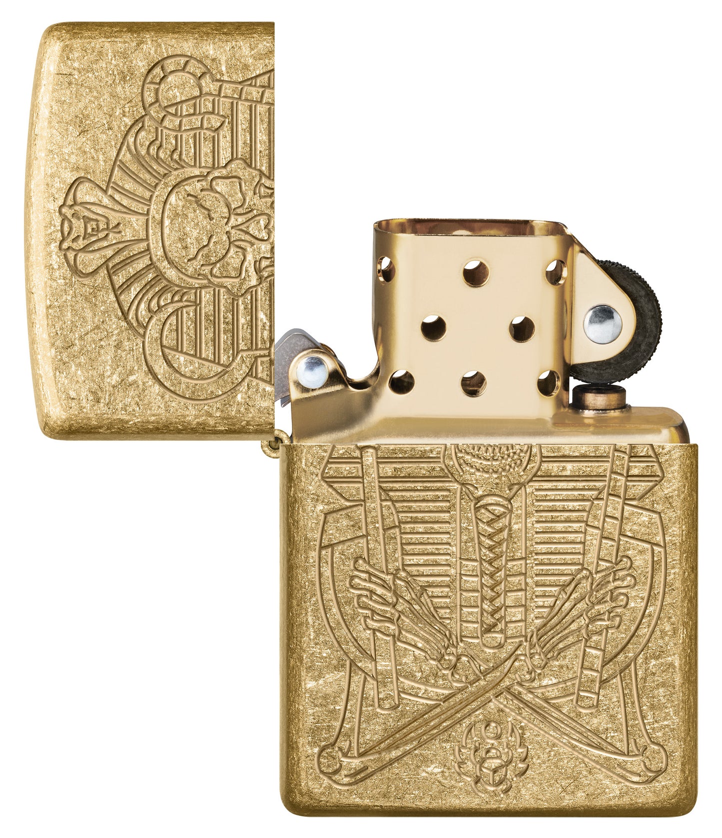 Zippo Mummy Design ArmorÂ® Tumbled Brass Windproof Lighter with its lid open and unlit.