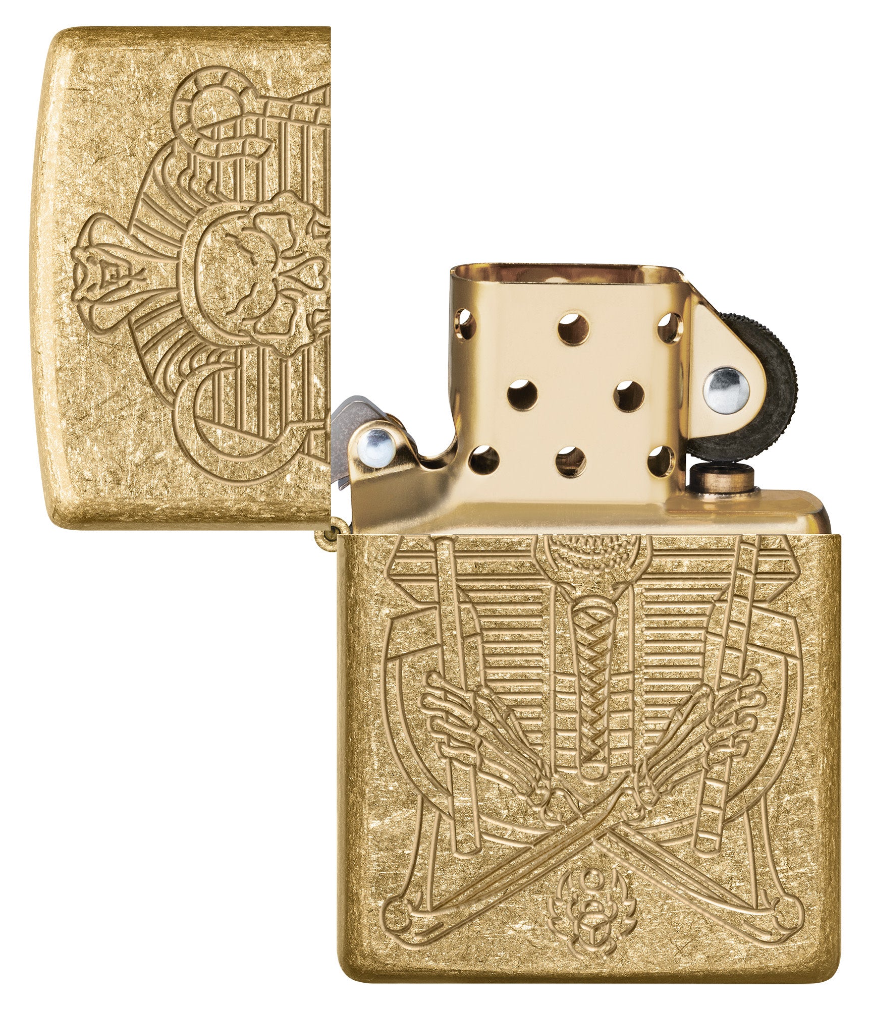 Zippo Mummy Design ArmorÂ® Tumbled Brass Windproof Lighter with its lid open and unlit.
