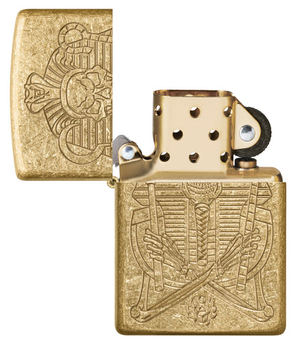 Zippo Mummy Design ArmorÂ® Tumbled Brass Windproof Lighter with its lid open and unlit.