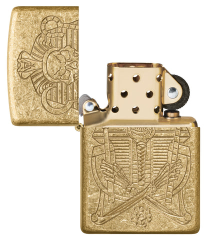 Zippo Mummy Design Armor® Tumbled Brass Windproof Lighter with its lid open and unlit.