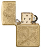 Zippo Mummy Design Armor® Tumbled Brass Windproof Lighter with its lid open and unlit.