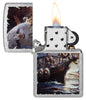 Zippo Frank Frazetta Street Chrome Windproof Lighter with its lid open and lit.