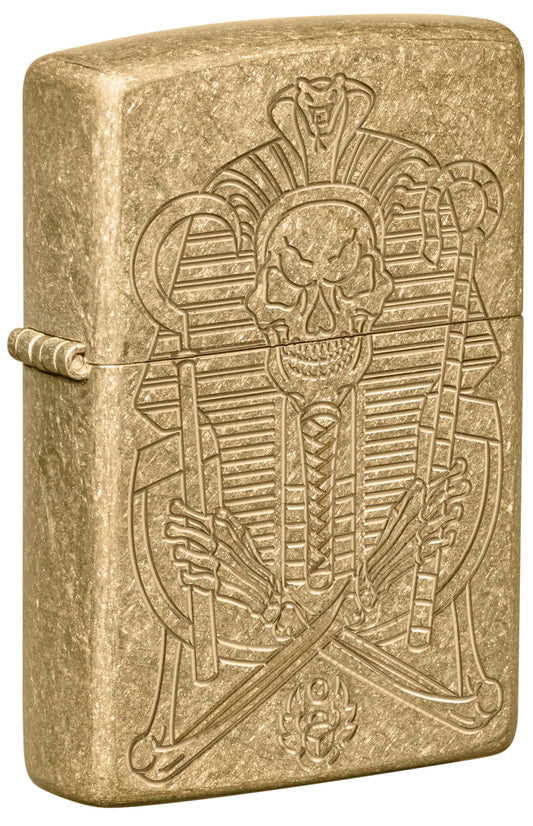 Front shot of Zippo Mummy Design ArmorÂ® Tumbled Brass Windproof Lighter standing at a 3/4 angle.