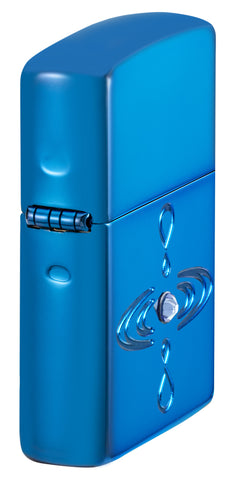 Zippo Simple Design Armor High Polish Blue Windproof Lighter with its lid open and lit.