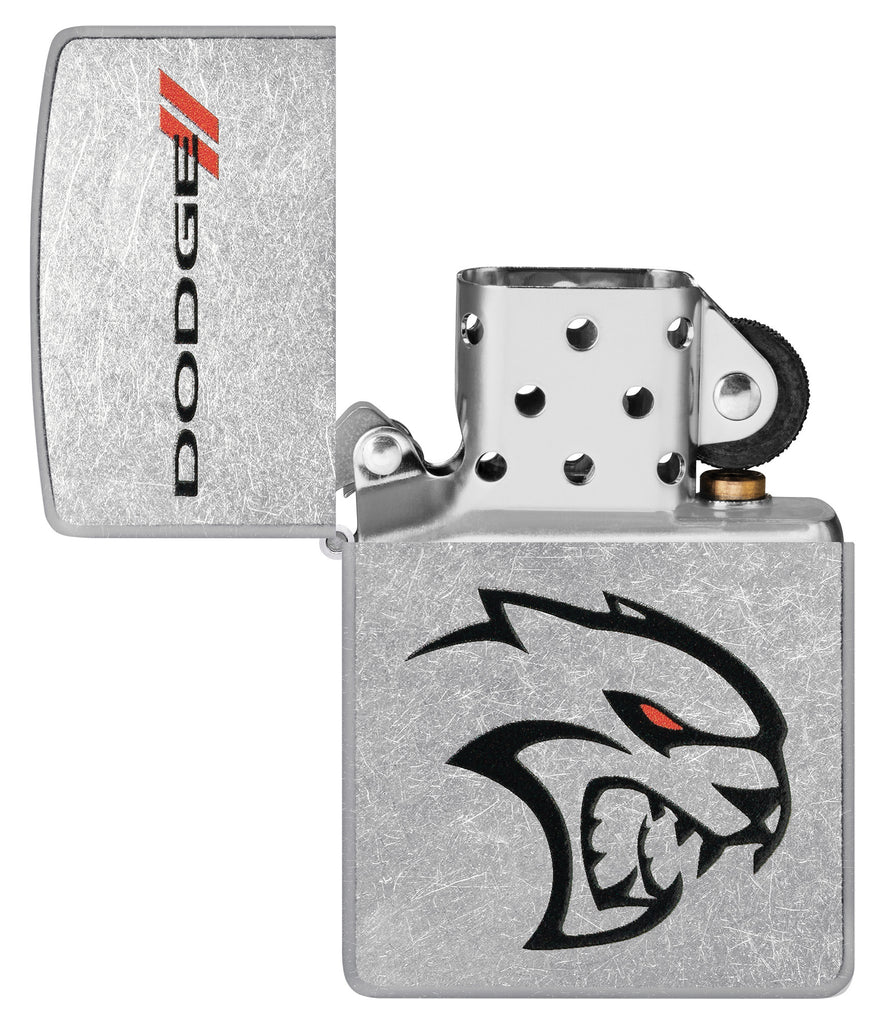 Zippo Dodge Street Chrome Windproof Lighter with its lid open and unlit.