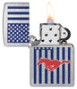 Zippo Ford Mustang American Flag Street Chrome Windproof Lighter with its lid open and lit.
