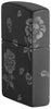 Angled shot of Zippo Flower Skulls Design Black Matte with Chrome Windproof Lighter showing the front and right side of the lighter.