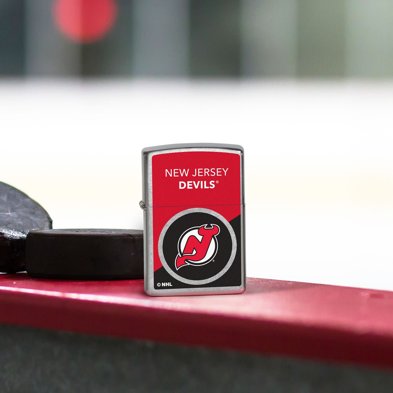 Front view of Zippo NHL® New Jersey Devils® 2024 Street Chrome™ Windproof Lighter.
