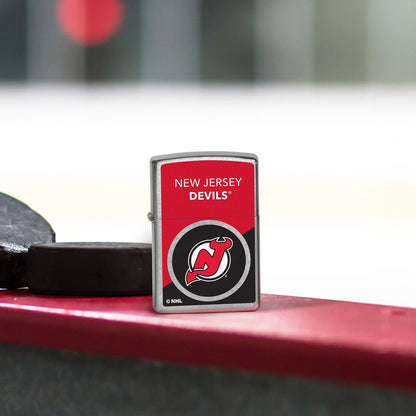 Front view of Zippo NHL® New Jersey Devils® 2024 Street Chrome™ Windproof Lighter.