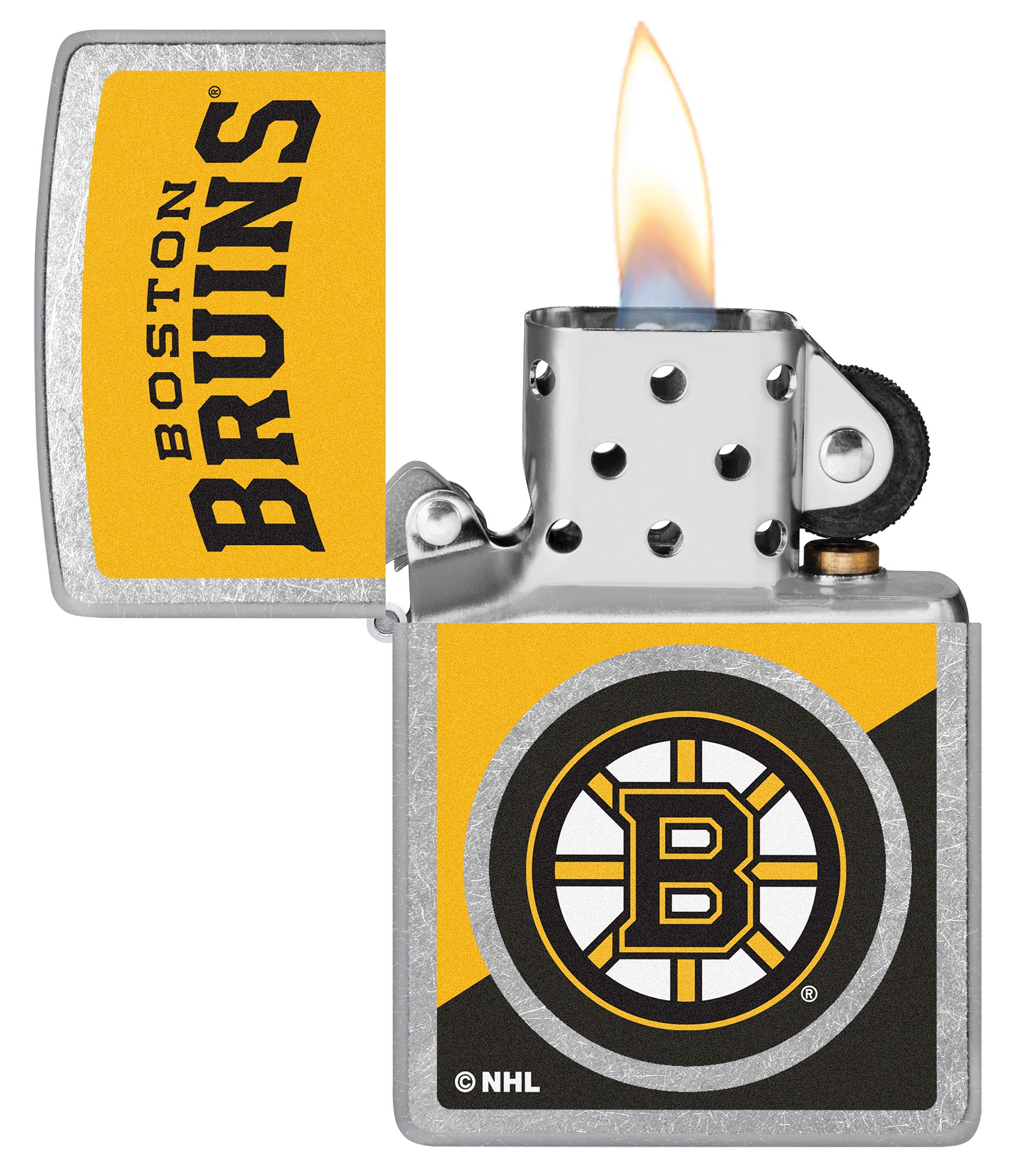 Zippo NHL® Boston Bruins® 2024 Street Chrome™ Windproof Lighter with its lid open and unlit.