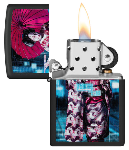 Zippo Black Light Cyber Kimono Design Black Matte Windproof Lighter with its lid open and lit.