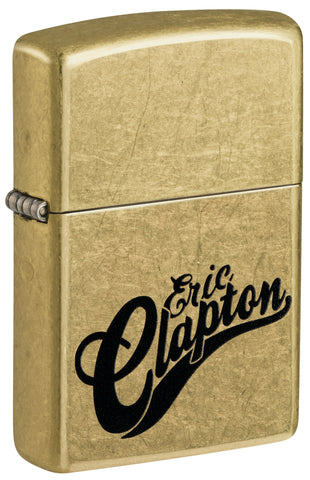Front shot of Zippo Eric Clapton Reg Street Brass Windproof Lighter standing at a 3/4 angle.