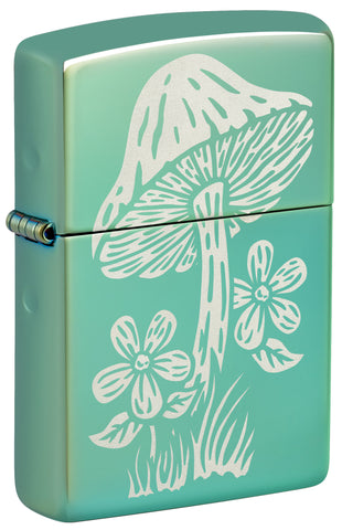 Front shot of Zippo Mushroom Design High Polish Green Windproof Lighter standing at a 3/4 angle.