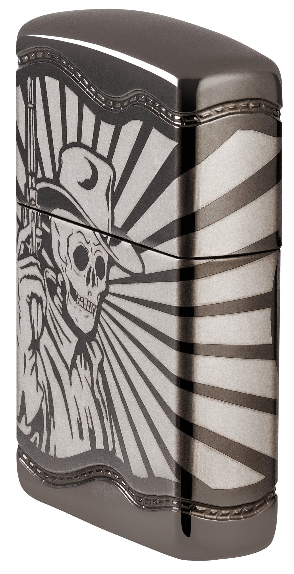 Angled shot of Zippo Skeleton Cowboy Design ArmorÂ® Black Ice Windproof Lighter showing the front and right side of the lighter.