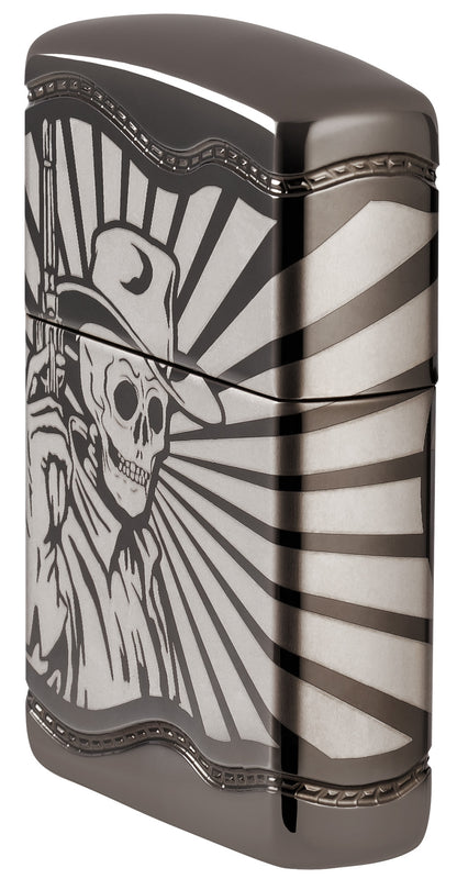Angled shot of Zippo Skeleton Cowboy Design ArmorÂ® Black Ice Windproof Lighter showing the front and right side of the lighter.