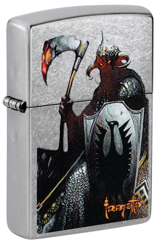 Front shot of Zippo Frank Frazetta Death Dealer Street Chrome Windproof Lighter standing at a 3/4 angle.