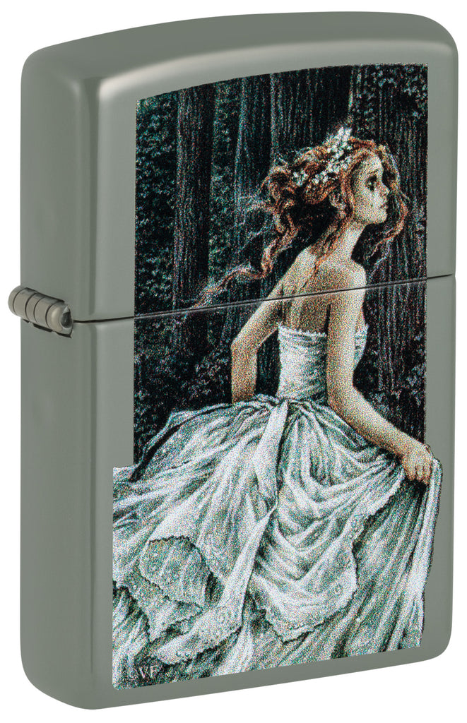 Front view of Zippo Victoria Frances Sage Windproof Lighter standing at a 3/4 angle.