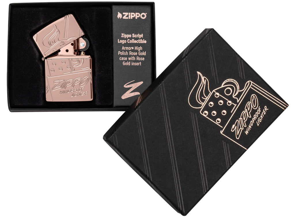 Zippo Script Collectible Armor Rose Gold Windproof Lighter in its packaging.