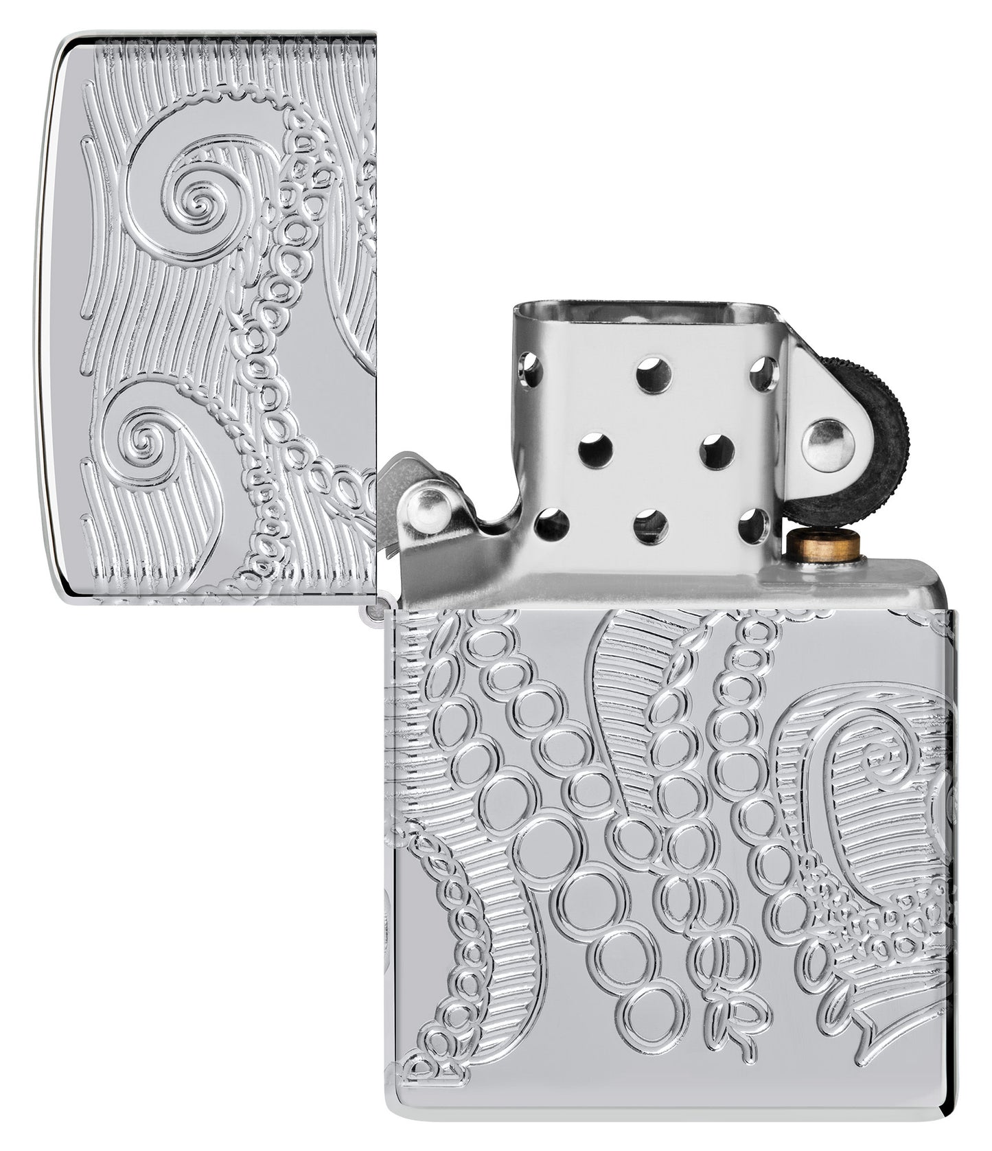 Zippo Tentacles Design ArmorÂ® High Polish Chrome Windproof Lighter with its lid open and unlit.