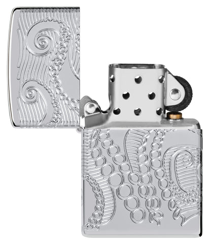 Zippo Tentacles Design Armor® High Polish Chrome Windproof Lighter with its lid open and unlit.