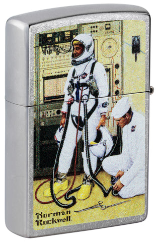 Back view of Zippo Norman Rockwell Astronaut Street Chrome Windproof Lighter standing at a 3/4 angle.